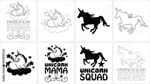 Cute Unicorn Mama and Squad Designs with Stars, Hearts, Clouds - Coloring Page and Silhouette Bundle for Fantasy Projects