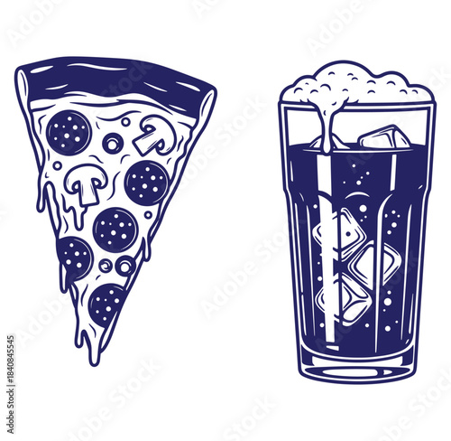Delicious pizza slice and refreshing drink illustration in a modern monochrome vector style