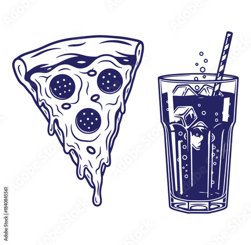 Delicious pepperoni pizza slice paired with refreshing soda beverage and ice cubes illustration