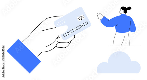Online payments, cloud computing, user interface design, digital security, financial technology, ecommerce. Hand holding a card, person pointing cloud icon. Online payments and cloud computing theme