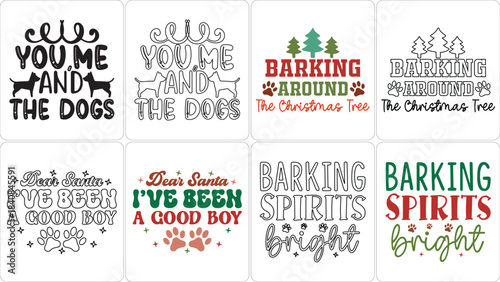 Festive Dog Christmas Quotes Vector Bundle with Outline and Color Versions. Pet Holiday Saying Graphics, Coloring Book Style Designs