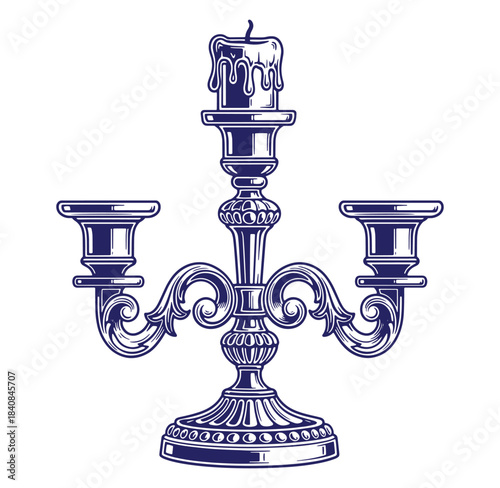 Elegant antique candleholder design featuring intricate floral ornaments and burning candle