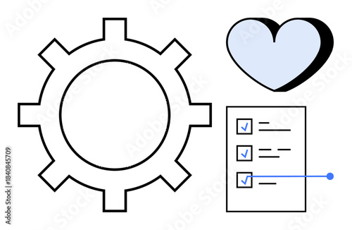 Productivity, teamwork, goal setting, organization, workflow, personal growth. Gear, checklist and heart icon on a simple layout. Productivity and teamwork concepts
