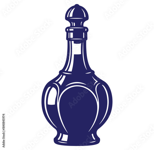 Elegant dark blue decanter design with detailed contours on a clean white background