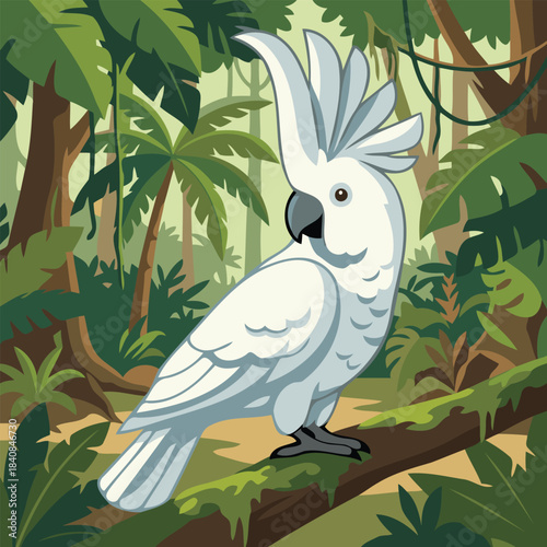 White Umbrella Cockatoo (Cacatua alba) In Lush Rainforest, Tropical Bird Character In Flat Design Style Vector Illustration