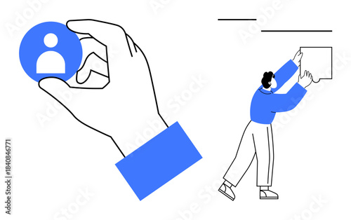 User identity concept. User identity ed by a hand holding a profile icon and a figure adjusting elements. User identity visualization for digital profiles, teamwork, and collaboration software