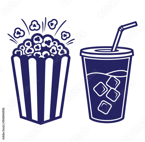 Monochrome illustration of popcorn and soda cup for cinema and entertainment themes