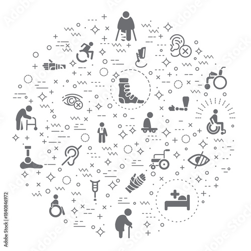 Simple Set of Disability People Related Vector Illustration. Contains such Icons as Disabled health care, medical tools, equipment stick figure, crutches, wheelchair, cane, electric wheelchair