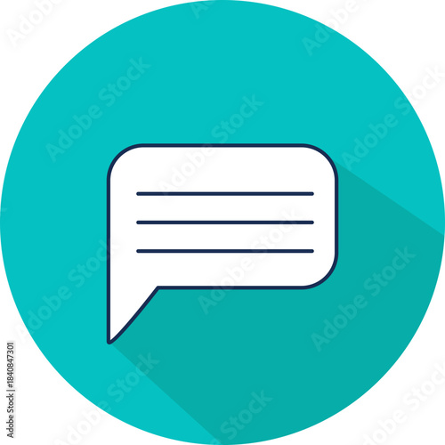 Speech bubble icon with text lines on a teal circular background, representing communication, chat, or messages in a modern flat design style.