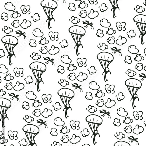 Skydivers fly through the sky with their parachutes open. Clouds and birds are nearby.