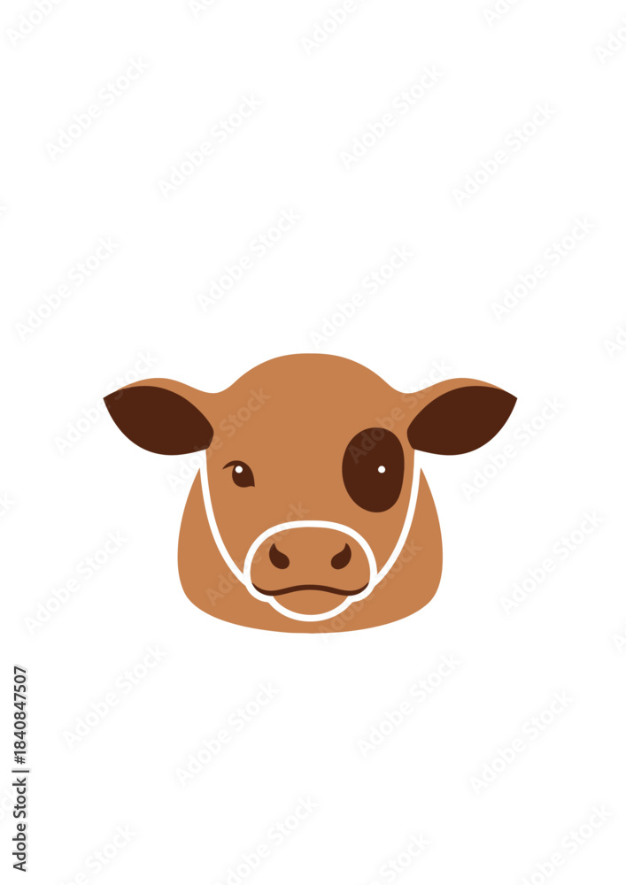 Fototapeta premium A cute cartoon illustration of a brown calf's head with a dark spot around one eye, facing forward on a white background.