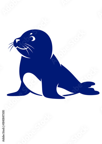 A cute dark blue cartoon seal pup sitting on a white background, depicted in a simple graphic style.