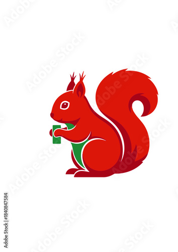 A vibrant red squirrel with a bushy tail holding a small green object, depicted in a stylized graphic illustration on a white background.