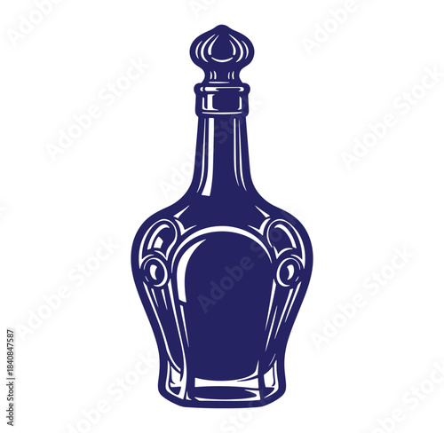 Vintage blue decanter illustration with intricate design suitable for elegant branding and decorative use