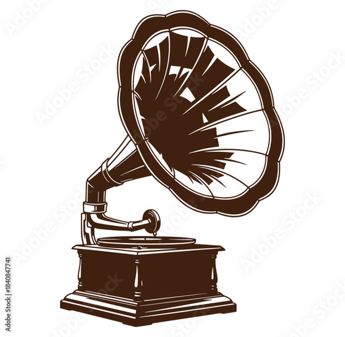 Vintage phonograph illustration depicting antique sound reproduction equipment on a white background