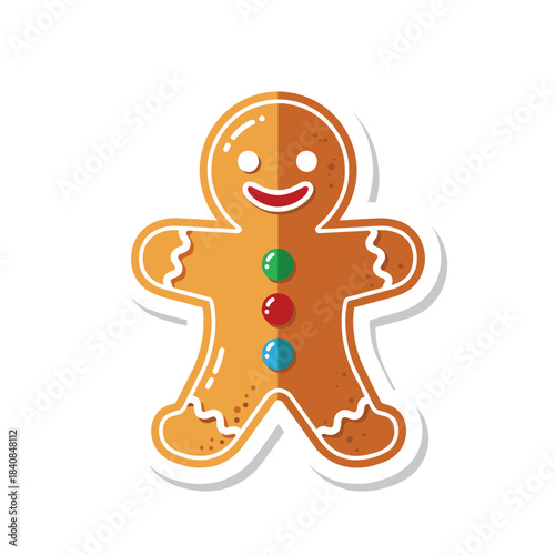 Gingerbread man cookie with colorful buttons, a classic holiday treat.