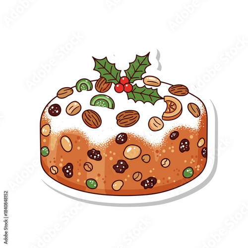 Delicious Christmas Fruitcake with Holly and Nuts Sticker.