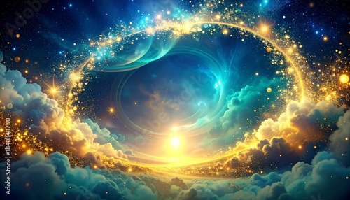Cosmic swirling vortex of golden stardust and turquoise nebulae, a portal to the unknown, with ethereal clouds