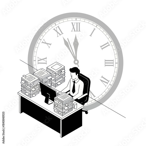 Man working diligently at his desk with stacks of paper.