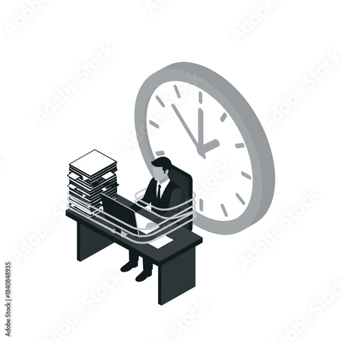 Businessman tied to desk with computer and documents, working under time pressure.