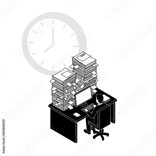 Isometric illustration of a person working at a desk with large stacks of documents and a clock in the background, symbolizing a busy work environment and time