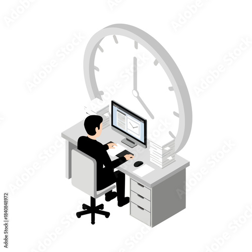 Isometric illustration of a businessman working at a desk with a large clock behind him, symbolizing time management and productivity.