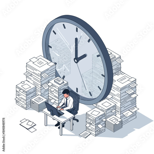 Man working at desk surrounded by stacks of paper with a large clock overhead.