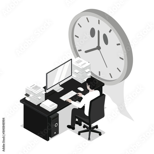 Man working at desk with large clock overhead symbolizing time pressure.