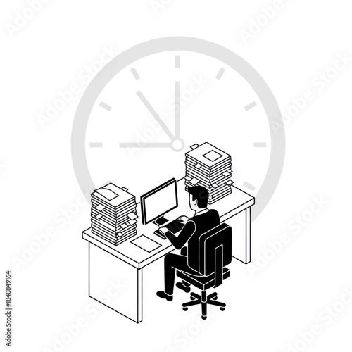 Man working at desk with stacks of paper and computer.