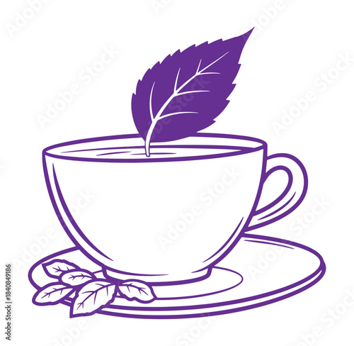 Illustration of a herbal tea cup with a tea leaf for wellness and healthy lifestyle
