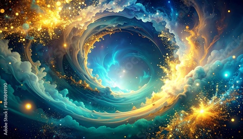 An abstract rendition of a magnificent galactic spiral, where luminous particles and deep space colors converge in an awe-inspiring spectacle of universal creation