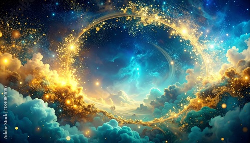 Celestial gateway in the cosmos surrounded by glowing nebulae and stardust, an ethereal portal to another dimension