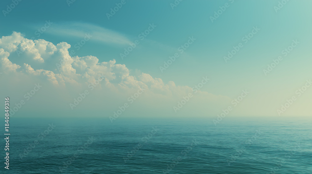 Obraz premium Cloud Dancer Tranquil Blue-Green Seascape with Calm Water and Soft Clouds on the Horizon, Peaceful Minimalist Ocean View. Colour of the Year 2026