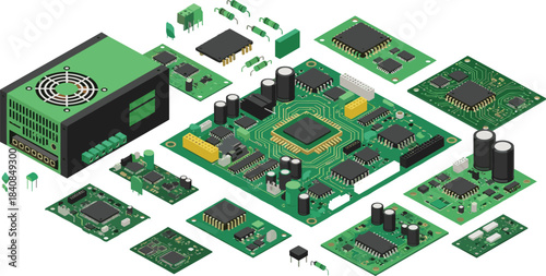 Collection of electronic components, various disassembled printed circuit boards (PCB), microchips, power supply, and resistors in technical isometric display.