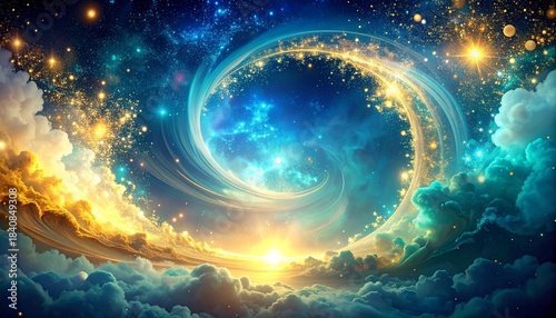 A swirling vortex of cosmic dust and nebulae illuminated by the golden glow of stars, creating a surreal celestial panorama