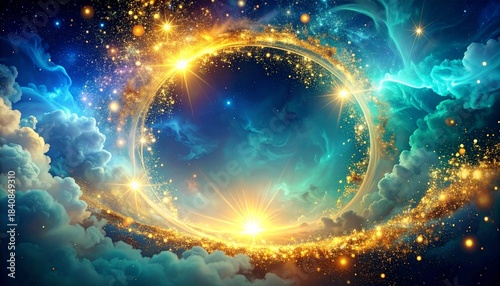 Cosmic portal of golden light and nebulous clouds, a gateway to the universe's wonders