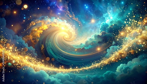 Abstract Cosmic Swirl of Golden Nebula and Blue Clouds, Capturing the Vastness of Space and Celestial Wonder