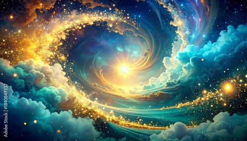 A Celestial Dance of Golden Stardust and Teal Nebulae Swirling Through the Vastness of the Cosmos, Creating an Ethereal and Dynamic Vision of Galactic Energy