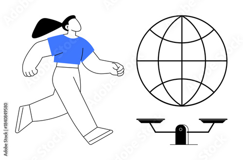 Global justice, equality, empowerment, human rights, social balance, and fairness. A person walking forward, a globe and scales. Global justice and equality concept