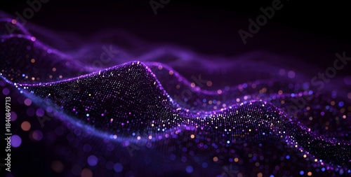 Abstract flowing luminous particles and light trails creating a dynamic wave effect with deep purple and blue hues against a dark background representing digital data streams and futuristic technology