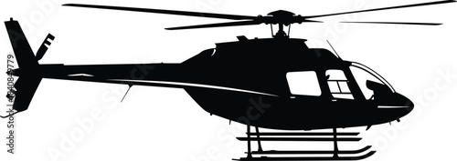 Helicopter silhouette, black aircraft icon, aviation design, military transport, rotor blades, isolated graphic, emergency rescue, flight symbol, vector illustration