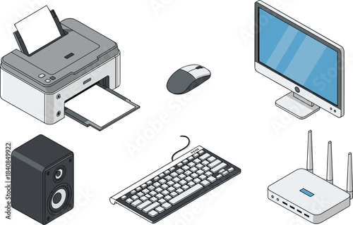 Isometric computer hardware collection, IT professional working on dual monitors, CPU tower, graphics card, motherboard, and server rack illustration.
