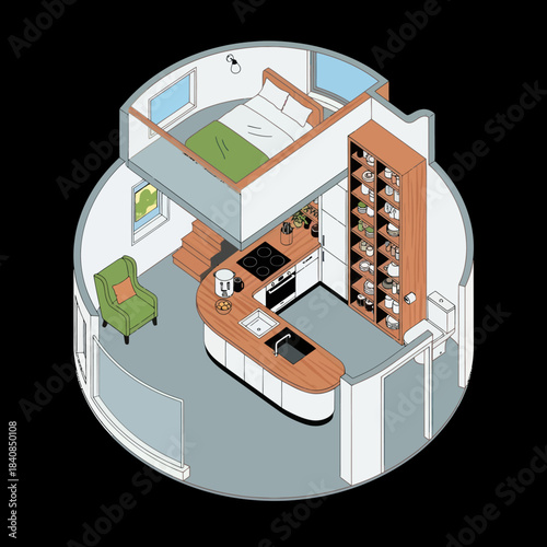 Modern Tiny Home Interior Design with Loft Bedroom and Kitchenette.