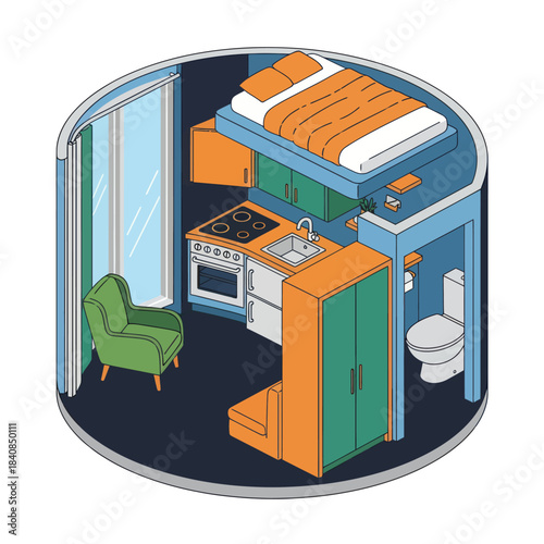 Compact Living Space with Loft Bed and Kitchenette.