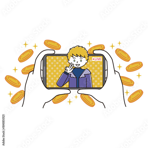 ライブ配信をする男性アイドルと舞い散るコインのイラスト