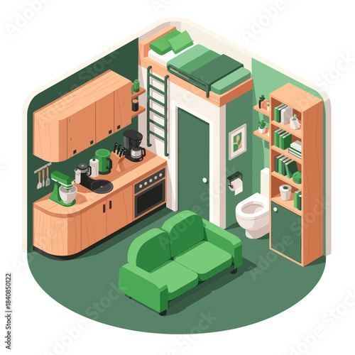 Compact Living Space with Loft Bed and Kitchenette.