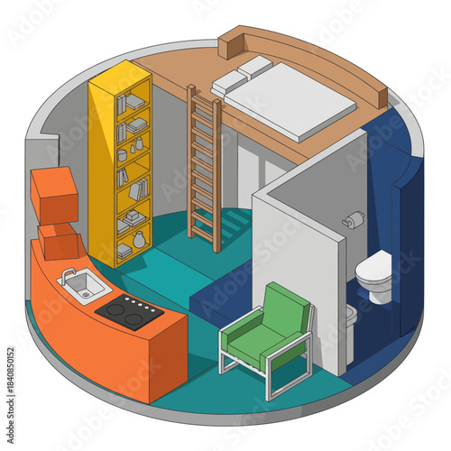 Compact living space with loft bed and kitchenette.