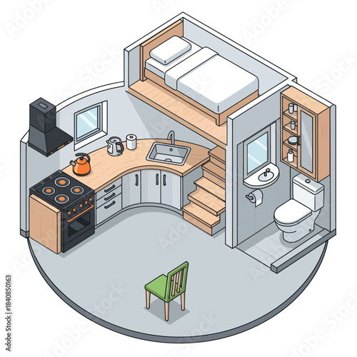 Compact Living Space with Loft Bed and Kitchenette.