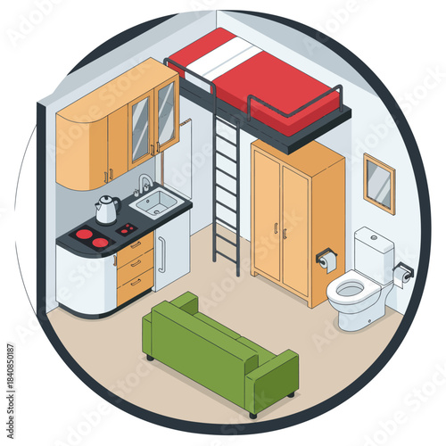 Compact Living Space with Loft Bed and Kitchenette.