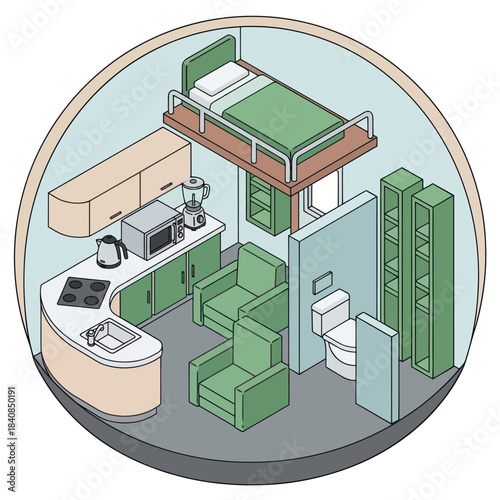 Compact Living Space with Loft Bed and Kitchenette.